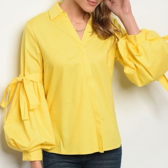 Button-down Shirt Blouse Cotton puffed sleevetop careerwear Yellow NWT Medium - Picture 2 of 10
